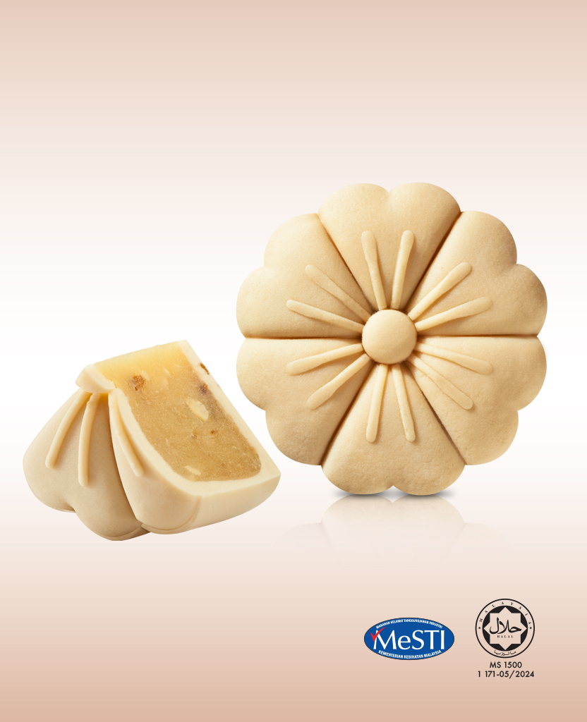 Two flower-shaped cookies: one whole with decorative center, another piece shows a dense pale interior.